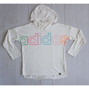 Adidas Girls' Tee Shirts - White & Pink Logo Hooded T-Shirt  - Size L (14)